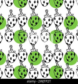 Nahtloses Muster von Skizzen Erdbeerohrring für Frau. Vektorillustration auf dunklem Hintergrund. Kann für Textilien, Geschenkpapier, Deckeldesign, Schönheitshintergrund verwendet werden. Stock Vektor