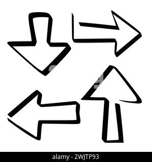 Vektorsatz abstrakter gekrümmter, fetter Pfeile. Handgezeichnete leere und schiefe Zeiger. Isolierte Tinte gezeichnete Konturlinien Elemente für die Konstruktion. Stock Vektor