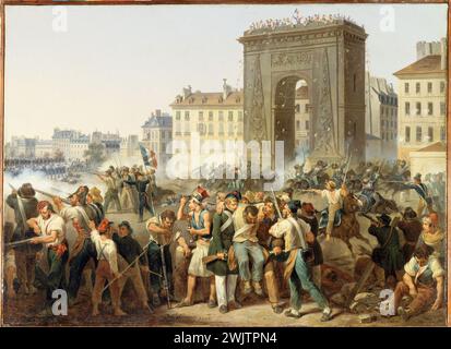 Hippolyte Lecomte (1781–1857), Combat de la Porte Saint-Denis am 28. Juli 1830. Öl auf Leinwand, 1830. Paris, Carnavalet Museum. 25729-1 Armee, verletzt, Zivilist, Menschenmenge, monumentale Tür, Tür Saint-Denis, Revolution Juli 1830, Revolutionär, Gewalt, Kampf, Öl auf Leinwand Stockfoto