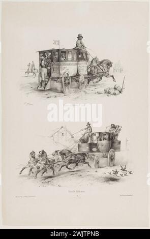 Jean-Victor Adam, bekannt als Victor Adam (1801–1866). "Fortführung moderner Autos und geschirrter Pferde (S. 5)". Omnibuswagen aus Paris/New Post Upmine. Lithographie. Paris, Carnavalet Museum. Omnibuswagen aus Paris, zwei Pferde, ein Kutscher, Leute sitzen im Omnibus und ein Mann auf dem Fuß auf dem Rücken. Im Hintergrund, Reiter und andere Pferdewagen. Neuer Besitzkasten, 4 galoppierende Pferdewagen, Scheck, Mann drinnen, Mann hinten sitzend. Anhängevorrichtungen, Krawatten, Pferdeharnache, Hippomobile, Lithografie, New Post Mallet, Plate 5, Suite, modernes Auto, Omnibus Paris Car Stockfoto