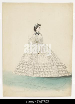 Charles Pilatte für das Haus der Ghys. Modellfigur für Schneiderin. Weißes Stadtkleid mit grauen Mustern und verziert mit Reihen von Fliegen, Knoten am Hals, Madame Ghys Modell. Aquarell auf Karton. 1860-1870. Galliera, Modemuseum der Stadt Paris. 37831-10 Aquarell auf Karton, weiß, dekoriert, feminin, junge Frau, Haus Gheys, Modellierung, weibliches Modell, graues Muster, Knoten am Hals, für Schneiderin, Faltenreiten, Stadtkleid, zweites Reich Stockfoto