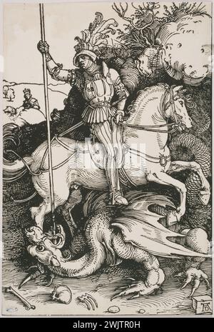 Albrecht Dürer (1471-1528). Der heilige Georges tötet den Drachen. B 111'. Gravur. Museum der Schönen Künste der Stadt Paris, Petit Palais. 34091-8 B 111, fantastische Bestie, mutig, mutig, Pferd, drache, neuer Wille, heiliger, töten, Tier, Gravur, Lanze Stockfoto