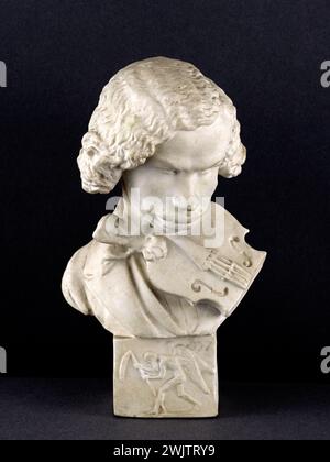 Jean-Pierre Dantan (1800–1869), bekannt als Dantan Young. Karikatur des belgischen Geigers Henri-Francois-Joseph Old Time (1820-1881). Kekse. 1840. Paris, Museum Carnavalet. 53174-1 Biscuit, Cheforchester, belgischer Komponist, Musiker, Geiger, Karikatur Stockfoto