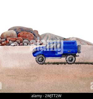 Outback-Landschaftskomposition mit blauem Geländewagen, sandiger Wüstenstraße, Reifenspuren, Hügeln und Felsen. Aquarellillustration Entwerfen Stockfoto