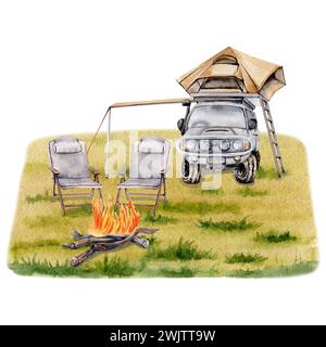 Campingkomposition. Auto mit Dachzelt, Markise, Stühlen, Lagerfeuer auf grasbewachsenem Hintergrund. Für Reiseausdrucke, Karten Aquarellabbildung Stockfoto