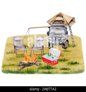 Campingkomposition. Auto mit Dachzelt, Markise, Stühlen, Lagerfeuer, Kühlbox auf grasbewachsenem Hintergrund. Aquarellabbildung Stockfoto