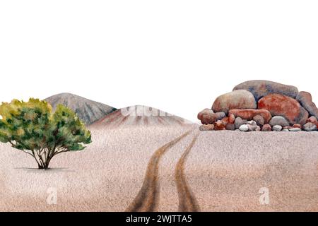 Outback-Landschaft mit sandigen Wüstenstraßen, Bäumen, Hügeln, Felsen. Kartendesign für Touren, Erkundungen, Reisen, Camping Aquarellillustration Stockfoto