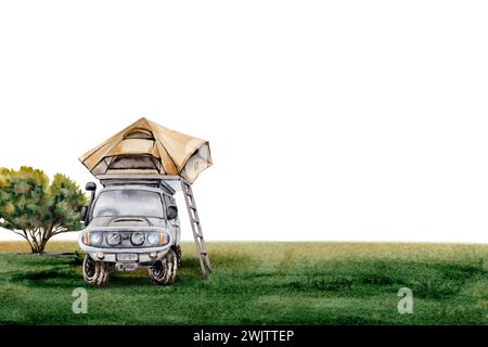 Auto mit Dachzelt auf Gras mit Baum. Fahrzeug mit Allradantrieb. Camping Card Design für Abenteuer, Tourismus, Outdoor, Geländewagen. Aquarellabbildung Stockfoto