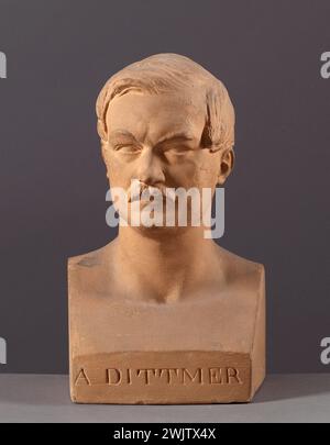 Jean-Pierre Dantan (1800-1869), sagte Dantan der junge. Büste des Publizisten und Hauptverwalters Adolphe Dittmer (1795-1846). Terrakotta-patiniertes Gips. 1841. Paris, Museum Carnavalet. Haras Verwalter, Büste, Patter Patina, Mann Porträt, Publizist, Terrakotta Stockfoto