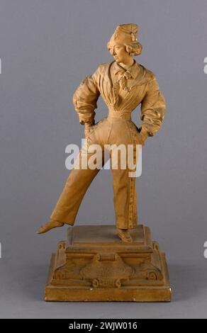 Jean-Pierre Dantan (1800–1869) sagte Dantan den Jungen. Porträt der Varietédarstellerin Esther de Bongars, genannt Esther (1816–1861), in „Eine Dame mit einer Geige“. Terrakotta-patinierter Pflaster, runder Unebenheit. 1841. Paris, Museum Carnavalet. 53353-20 französische Schauspielerin, Geigendame, Patina, Porträt, runder Buckel, Terrakotta Stockfoto