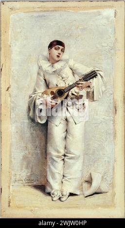 Léon Francois Comere (1850-1916). „Pierrot“, 1884. Museum der Schönen Künste der Stadt Paris, Petit Palais. 26358-14 weiß, Karneval, weiße Farbe, Kostüm, Unschuld, Musikinstrument, spielen, Mandoline, melancholisch, nachdenklich, Charaktertheater, allein, einsam, Einsamkeit, Gedanken, Traurigkeit, Traurigkeit, 19. XIX. 19. 19. 19. 19. 19. 19. 19 Stockfoto