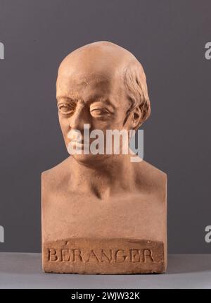 Jean-Pierre Dantan (1800–1869) sagte Dantan den Jungen. Hermès-Büste des französischen Sängers Pierre-Jean de Beranger (1780–1857). Patinierter Gips, Terrakotta, rund, 1838. Paris, Carnavalet Museum. Büste, Chansonnier, französisch, hermes, gemusterte Patina, Poet, runder Buckel, Terrakotta Stockfoto