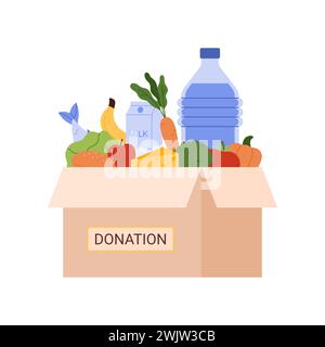 Lebensmittelspende-Box, Paket voller Produkte von Lebensmittelgeschäft Vektor-Illustration Stock Vektor