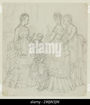 Anais Toudouze (1822-1899). "Gruppen von Frauen und Kindern". Auf der linken Seite ein Jackenkleid mit Ärmeln und Schmuckknöpfen, ein Rock mit Rüschen unten. Bleimine, Whitepaper. 1870. Galliera, Modemuseum der Stadt Paris. 37824-20 Zeichnung, Kind, Frau, Gruppe, fliegender Rock, führe meine, kleiner Junge, kleines Mädchen, zweites Reich, Jacke, kleiden Stockfoto