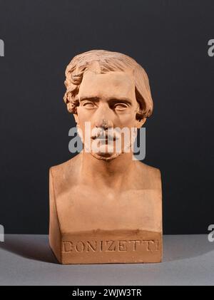 Jean-Pierre Dantan (1800–1869) sagte Dantan den Jungen. Hermès-Büste des italienischen Komponisten Gaetano Donizetti (1797-1848). Patinierter Gips, Terrakotta, 1838. Paris, Carnavalet Museum. Bust, italienischer Komponist, Hermes, Musiker, Pattero Patina, Terrakotta Stockfoto