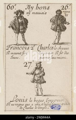 Della Bella, Stefano (dit étienne de la Belle) (Nr. 1610-05-18-D.1664-08-22), Karten der Könige von Frankreich, weder gut noch schlecht: Francois II., Kaiser Charles le Chauve, Kaiser Louis le Bègue. 35. Nummer einer Suite mit 40 Stück. (A. de Vesme 685; Dutuit 119) (Haupttitel), 1644. Ätzen. Petit Palais, Museum der Schönen Künste der Stadt Paris. Stockfoto