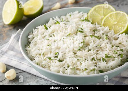 Hausgemachte mexikanische Cilantro Lime Rice Nahaufnahme auf der Schüssel auf dem Marmortisch. Horizontal Stockfoto