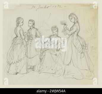 Anais Toudouze (1822-1899). „Frauengruppe“. Frau links, gekleidet in einem Bündelkleid, garniert mit einem Schal, der hinten gebunden ist. Bleimine, Whitepaper. Juli 1872. Galliera, Modemuseum der Stadt Paris. 37824-16 Zeichnung, Eschape Nouee, Frauengruppe, Bleimine, Pan Festonne, Second Empire, Kleid Stockfoto