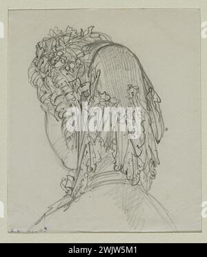 Anais Toudouze (1822-1899). „Frau, von hinten“. Kleiner Hut mit Spitze und Blumen. Bleimine, Whitepaper. 1867. Galliera, Modemuseum der Stadt Paris. 37823-3 Bun, Frisur, Spitze, Zeichnung, Hinterfrau, Bleimine, zweites Reich, Segel, Hut Stockfoto