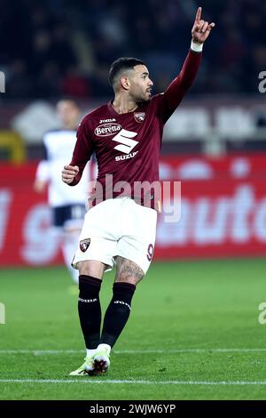 Turin, Italien. Februar 2024. Antonio Sanabria von Torino FC Gesten während des Fußballspiels der Serie A zwischen Torino FC und uns Lecce im Stadio Olimpico am 16. Februar 2023 in Turin, Italien . Quelle: Marco Canoniero/Alamy Live News Stockfoto