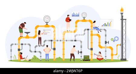 Inspektion der Gasleitungen, Wartungsservice zur Prüfung auf Undichtigkeiten und Druck. Winzige Leute steuern Gasfluss, Sicherheit von Rohren mit industriellen Geräten und digitale Anzeigen Cartoonvektorillustration Stock Vektor