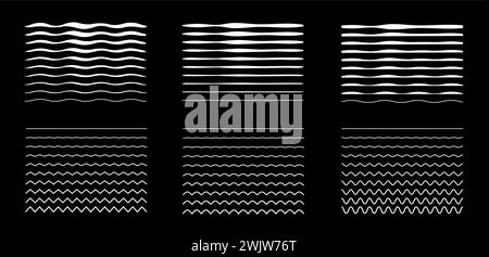 Set aus welligen Kurven und sich schneidenden horizontalen Konturen im Zickzack. Übergang von einer geraden zu einer wellenförmigen Linie. Weiße Wackellinien. Geometrisches Design Stock Vektor