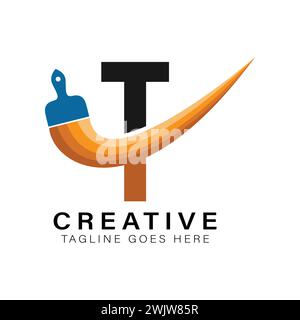 Logo für Pinsel mit Buchstabe T. Buchstabe T House Paint Business Symbol Stock Vektor