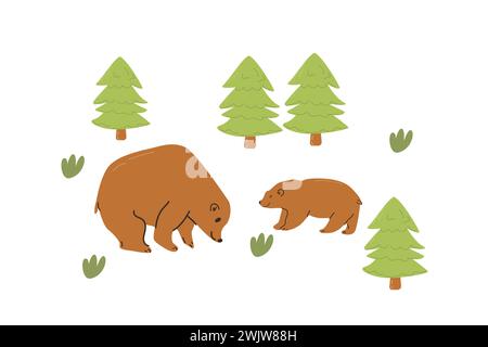 Waldtiere Bären im Wald Sommer Set. Vektor-Illustration kann für Geschenkpapier, Tapeten, Dekorationsposter verwendet werden. Bärentiere mit weihnachtsbaum und Gras im Sommer. Stock Vektor