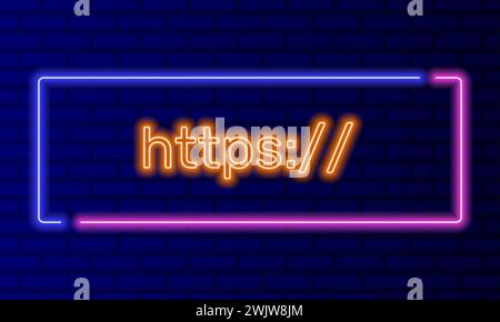 Neonzeichen https in Sprechblase Rahmen auf Backsteinwand Hintergrund Vektor. Helles Banner auf dem Hintergrund der Wand. HTTPS Button Cybersecurity Web 30, Design Stock Vektor