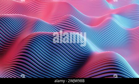 Dieses fesselnde Bild zeigt eine Retro-Wellenlandschaft, die von leuchtenden roten und blauen Lichtern beleuchtet wird und eine nostalgische, aber futuristische Atmosphäre hervorruft. Stockfoto