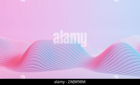 Dieses fesselnde Bild zeigt eine Retro-Wellenlandschaft, die von leuchtenden roten und blauen Lichtern beleuchtet wird und eine nostalgische, aber futuristische Atmosphäre hervorruft. Stockfoto
