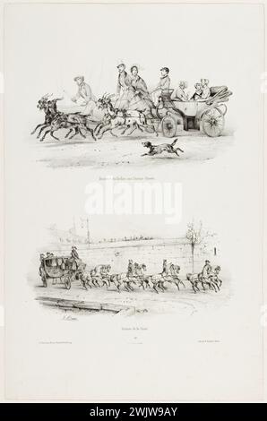 Jean-Victor Adam, bekannt als Victor Adam (1801–1866). "Fortführung moderner Autos und geschirrter Pferde (S. 10)". Das Glück der Kinder in den Champs-Elysées/Auto. Lithographie. Paris, Carnavalet Museum. Das Glück der Kinder auf den Champs-Elysées, einem kleinen offenen Auto, gezogen von vier Ziegen, geführt von einem Jungen. Drinnen drei junge Mädchen. Ein Paar auf der Seite des Autos. Ein Mann mit einer Peitsche, in der Nähe der Ziegen. Auto des Hofes, Fleiß gezogen von acht geschirmten Pferden. Überprüfen Sie vorne, drei Männer stehen hinten. Ankuppeln, Versuch, Kinderglück, champs-elysis, geschirrtes Pferd, Pferdegezogene, Stockfoto