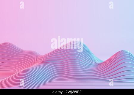 Dieses fesselnde Bild zeigt eine Retro-Wellenlandschaft, die von leuchtenden roten und blauen Lichtern beleuchtet wird und eine nostalgische, aber futuristische Atmosphäre hervorruft. Stockfoto