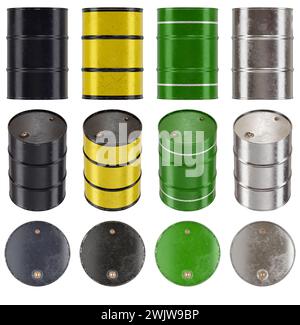 3D-Darstellung eines Satzes von Trommelzylindern in mehreren Ansichten und Farben. Vom Hintergrund isoliert. Stockfoto