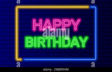 Neonzeichen Happy Birthday in Sprechblase Rahmen auf Backsteinwand Hintergrund Vektor. Helles Banner auf Wandhintergrund. Happy Birthday Stock Vektor