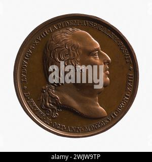 Bertrand oder Jean-Bertrand Andrieu (1763-1822). Restaurierung der Henri IV. Statue auf der Pont Neuf, 28. Oktober 1817. Rotes Kupfer (Vorderseite). Paris, Carnavalet Museum. Medaille, Numismatik Stockfoto