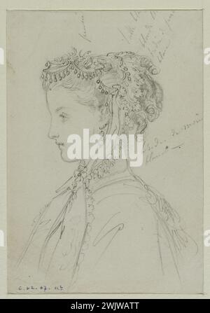 Anais Toudouze (1822-1899). "Frau mit weißem Tüllhut". Zeichnung für Gravur veröffentlicht in „The Illustrated Fashion“, 18. August 1867. Hut ab von Madame Aubert, Rue Laffitte, 9. Aus weißem Tüll, leicht geraffte Toilette, mit weißen Kristallglocken geschmückt. Bleimine, Whitepaper. 1867. Galliera, Modemuseum der Stadt Paris. 37822-19 Bun, Frisur, Kristall, Spitze, Zeichnung, Gronce, Glocke, junge Frau, Bleimine, Madame Aubert, illustrierter Modus, Second Empire, Tüll, Hut Stockfoto