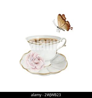 Teetasse aus weißem Porzellan und Untertasse mit vergoldetem Rand, rosa Hüftblume und Schmetterling. Viktorianischer Stil. Tasse Tee. Aquarellillustration Handschmerz Stockfoto