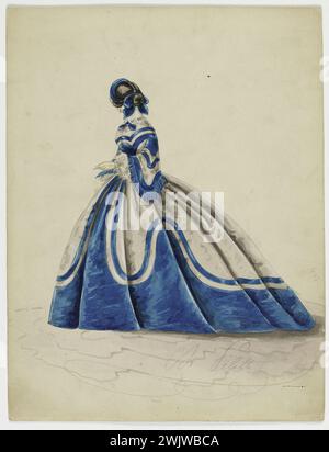 Charles Pilatte. Modellfuß für Näherin. Ghys House“. Blaues und weißes Stadtkleid, Fransenärmel mit aufgeblasenen Bündchen, MADAME GHYS Modell. Aquarell auf Karton. 1860. Galliera, Modemuseum der Stadt Paris. 37795-19 Carton Aquarell, weiß, blau, Couturiere, Gheys House, Seemann, Manschette, weibliches Modell, weiblicher Modus, Modell, Gongle Handgelenk, Stadtkleid Stockfoto