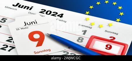 Deutscher Kalender 2024 Juni 9 Sonntag und EU-Flagge Mittwoch Donnerstag Freitag Samstag Woche Stockfoto