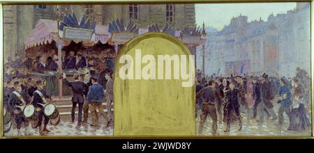 Adolphe Binet (1854-1897). "Hauptquartier von Paris - freiwillige Einschreibungen Place du Panthéon, Skizze für das Rathaus (Cabinet du Prefet)", 1889. Museum der Schönen Künste der Stadt Paris, Petit Palais. Französische Armee, Prefettkabinett, Trikolore-Flagge, Engagement, Engagement, freiwillige Einschreibung, Einschreibung, Skizze, Krieg 1870-1871, Rathaus, Inschrift, Trommelspiel, Patriotismus, Place pantheon, Rekrutierung, Sitz von Paris Stockfoto
