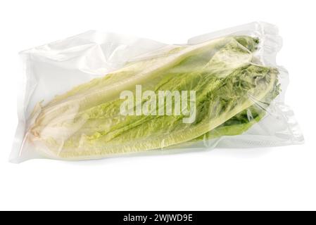 Römischer Salat in vakuumverpackt, versiegelt für Sous-Vide-Kochen, isoliert auf weiß, Schneidepfad im Lieferumfang enthalten Stockfoto