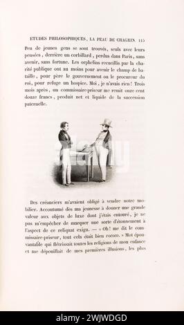 Anonym. "La Skin de Chagrin", Roman von Honoré de Balzac (1799-1850), illustrierte Ausgabe. "Raphaël de Valentin und der Auktionator". Stahlgravur. Paris, Balzac Haus. Stahlstich, Illustration, die Haut der Trauer, illustre Arbeit, Roman, Wurfarbeiten Stockfoto