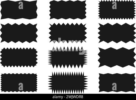 Gezacktes Rechteck mit Zickzackrand. Eine Reihe von ungleichmäßigen rechteckigen Zickzack-Formen. Schwarze Farbe. Isolierte Elemente für die Gestaltung von Textfeld, Schaltfläche, Abzeichen, Stock Vektor