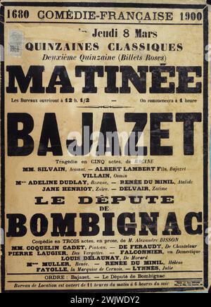 Morris Vater und Sohn drucken. Comédie-Francaise, Morgen, Bajazet, Tragödie in fünf Wurzelakten. Poster. Typografie, 1900. Paris, Carnavalet Museum. Werbeplakat, Comedie-Francaise, Matinee, Theaterstück, Werbung, Tragödie, Typographie Stockfoto