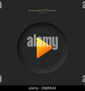 Runde Spieltaste auf schwarzem Hintergrund. Benutzeroberflächenelemente im Stil von Pneumorphism, UX, UI. Stock Vektor