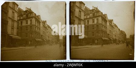 Rue Beaubourg und Rue Chapon. Paris (IV. Bezirk). 1926-1936. Anonyme Fotografie. Paris, Carnavalet Museum. Chapon, IIIEME III 3. 3. 3. 3. 3. Arrondissement, Pariser Gebäude, IVEME IV 4. 4. Arrondissement, Le Marais, Quartier du Marais, Rue Beaubourg, Stereo, stereoskopische Ansicht Stockfoto