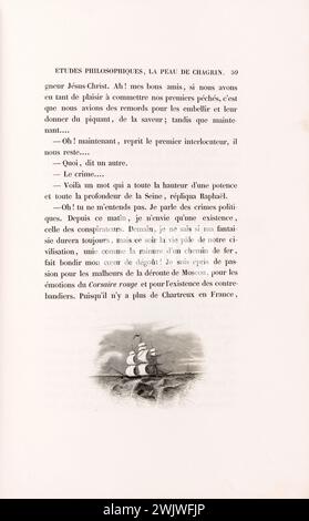 Anonym. "La Skin de Chagrin", Roman von Honoré de Balzac (1799-1850), illustrierte Ausgabe. „Vogant-Schiff“. Stahlgravur. Edition H. Delloye und Victor Lecou, 1838. Paris, Maison de Balzac. Illustration, die Haut der Trauer, illustre Arbeit, Roman, literarische Arbeit Stockfoto