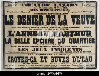 Morris Vater und Sohn drucken. "The Théâtre Labary, Le Denier de la Veuve, Comédie-Vaudeville". Poster. Typografie. 1862. Paris, Museum Carnavalet. Poster, Comedy, Programm, Werbung, Rückruf, Theater Lazary, Typografie, Vaudeville, Stück Stockfoto