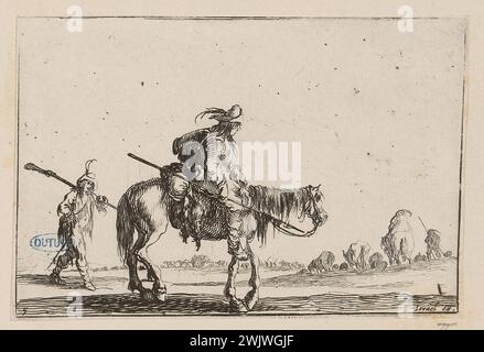 Della Bella, Stefano (dit étienne de la Belle) (Nr. 1610-05-18-D.1664-08-22), ein Soldat zu Pferd und ein anderer zu Fuß, der ihm folgt, befinden sich auf der rechten Seite. Fünfte Ausgabe einer 13-teiligen Suite (A. de Vesme 108). Dutuit 85) (Haupttitel). Ätzen. Petit Palais, Museum der Schönen Künste der Stadt Paris. Stockfoto